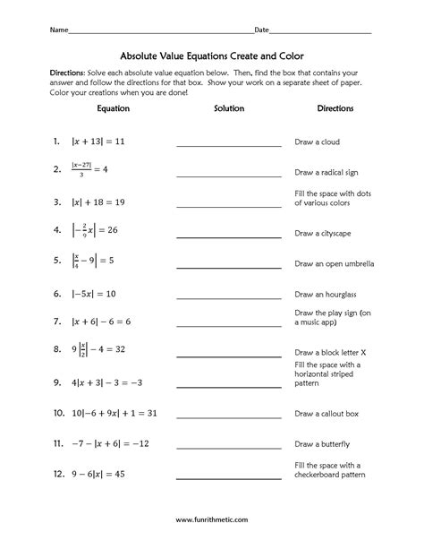 Absolute Value Equations Create And Color Worksheets Library