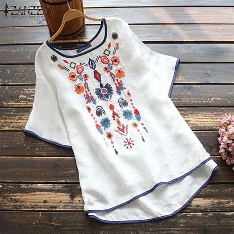 Zanzea Summer Blouse Women Floral Embroidery Shirt Vintage O Neck Short