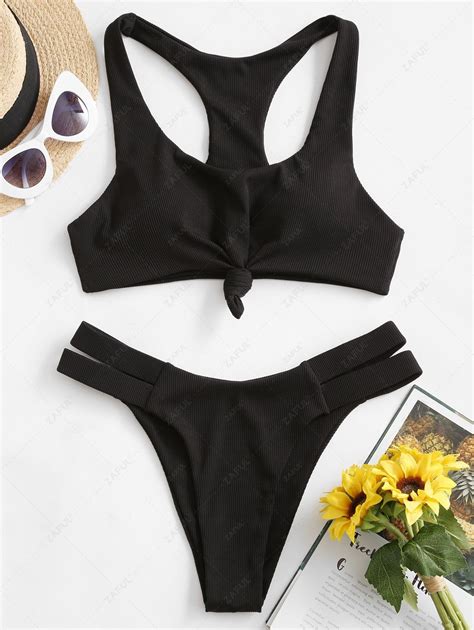 ZAFUL Knot Ribbed Racerback Bikini Swimsuit In BLACK ZAFUL 2023