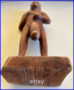 Vintage Male Nude Wood Fertility Tribal Carved Naked Figurine Shaft
