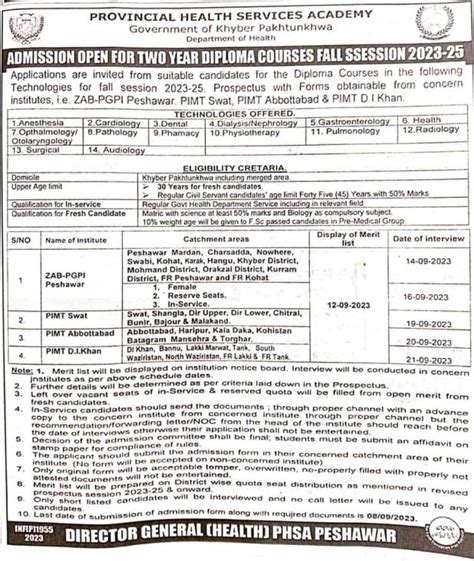 Phsa Admission Open For 02 Year Diploma Course 2023