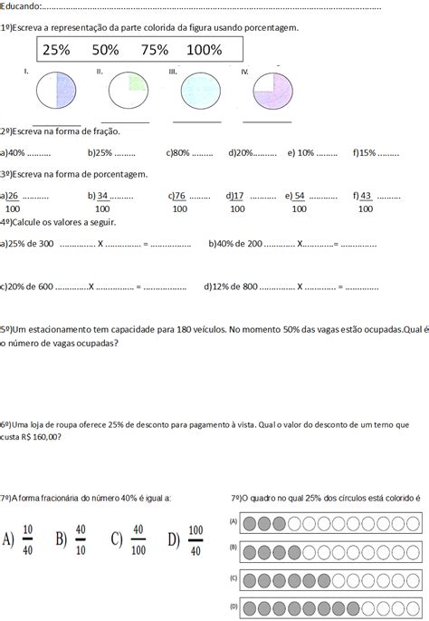 Atividade De Porcentagem 4 Ano