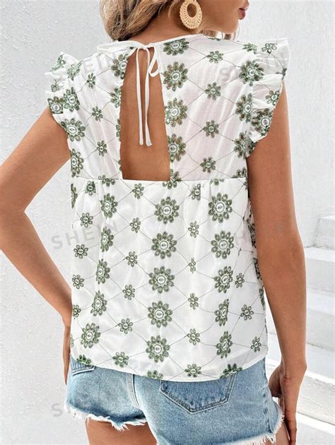 SHEIN Frenchy Blusa Floja Verde Con Bordado De Flores Y Espalda Abierta