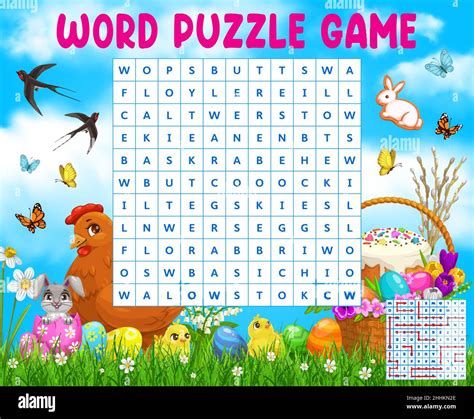 Cartoon Easter eggs, chickens and green meadow word search puzzle game ...