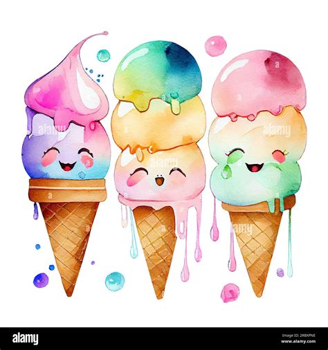 Cute Faced Ice Creams Set Isolated On White Background Watercolor