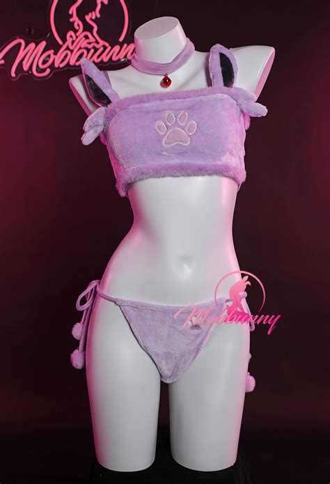 Kawaii Purple Plush Sexy Lingerie Set Pm Derivative Crop Top And Shorts With Lace Up Panty