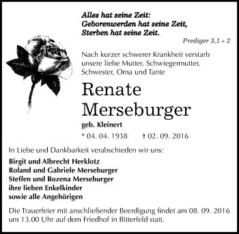 Traueranzeigen Von Renate Merseburger Abschied Nehmen De