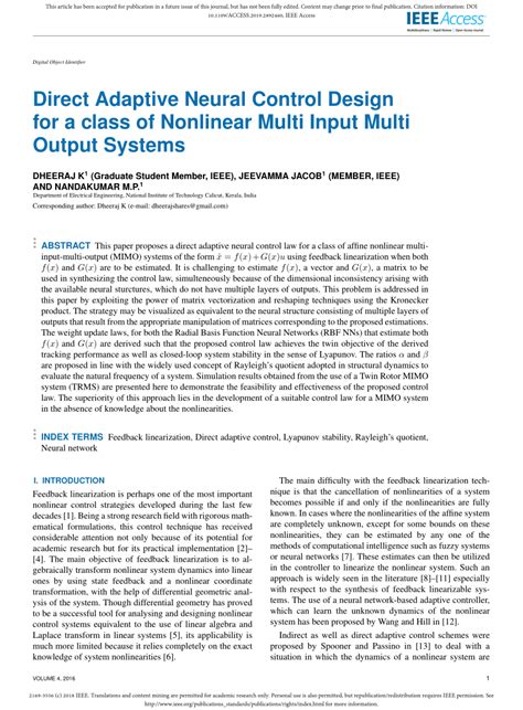 Pdf Direct Adaptive Neural Control Design For A Class Of Nonlinear