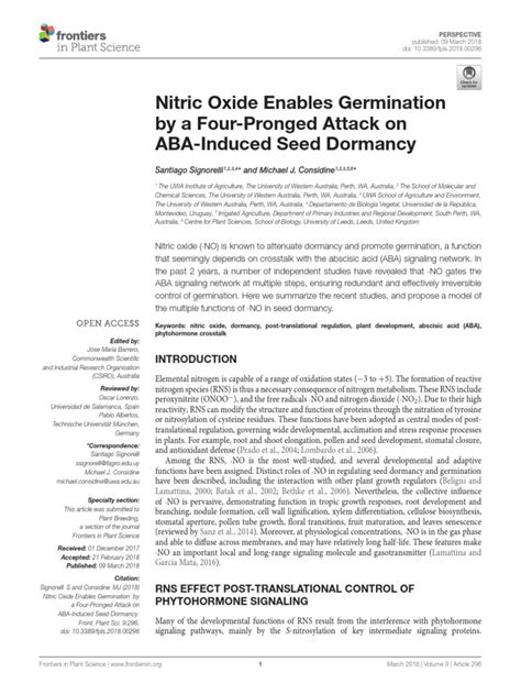 Nitric Oxide Enables Germination By A Four Pronged Attack On Aba Induced Seed Dormancy Pdf