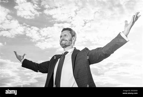 Happy Man Spreading Arms Wide Open Professional Man Sky Background