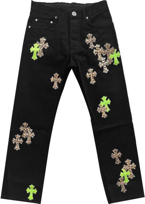 Chrome Hearts Black Jeans With Neon Green And Leopard Cross Patches Inc