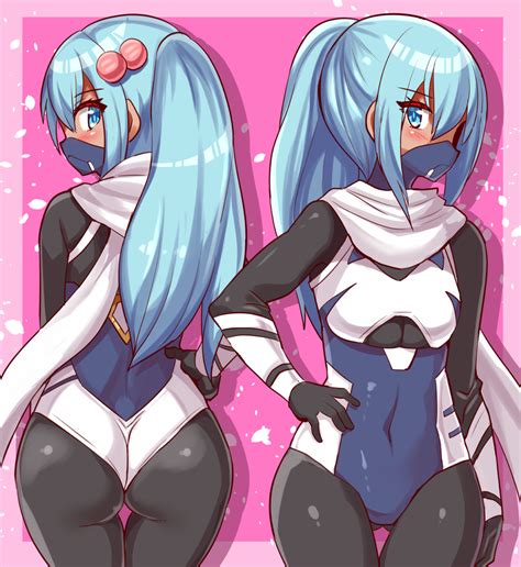 Girl Ass Blue Eyes Blue Hair Blush Bodysuit Breasts From Behind Hair Bobbles Hair
