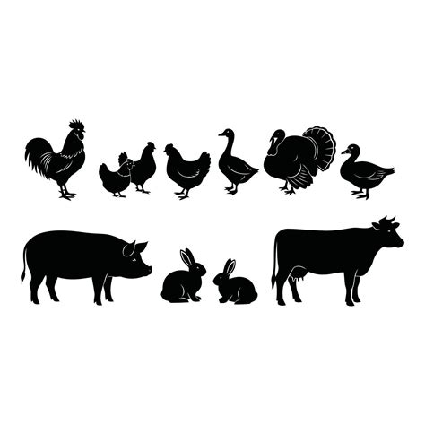 black  white farm animals silhouette set isolated background