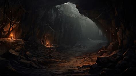 Premium AI Image | A dark cave with a light on it