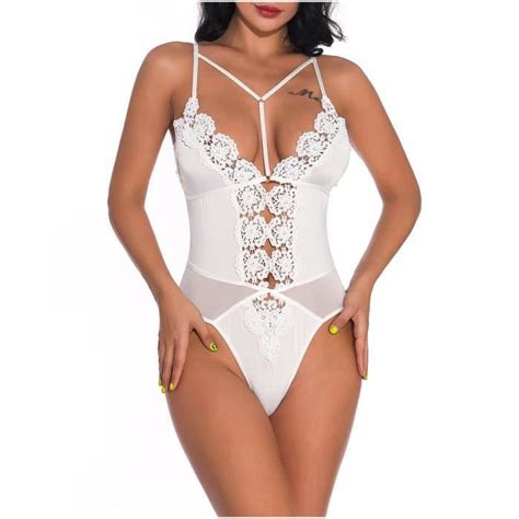 Sasaquoy Lingerie sexy pyjama sexy transparent en maille profonde en V une pièce à bretelles