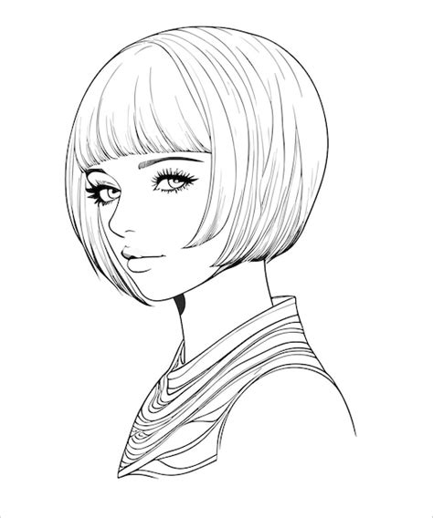 Premium Vector | A black and white line drawing of a girl with short hair