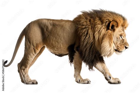 an isolated lion walking side view, majestic, stalking prey, fierce ...