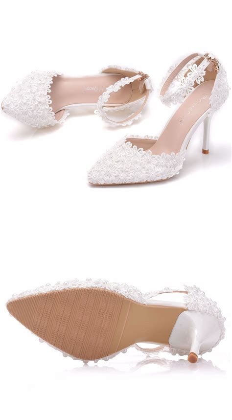 White Lace Flower Wedding Shoes Strap Pointy Head For Bridal Shoes Flower Wedding Shoes Lace