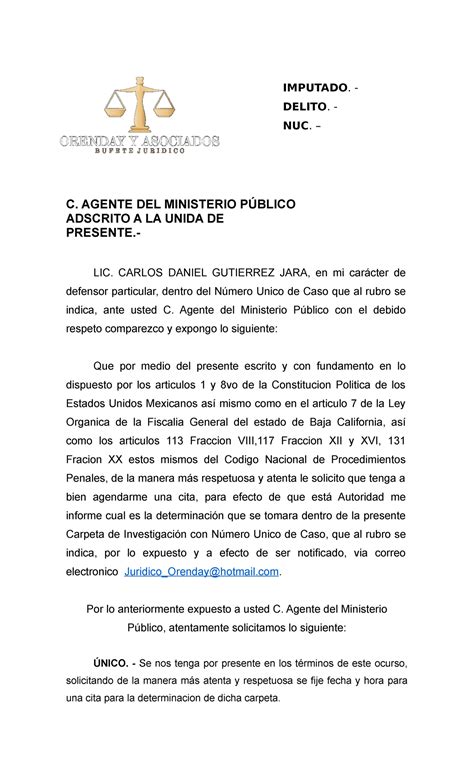 Escrito Mp Dirigido Al Ministerio Publico C Agente Del Ministerio