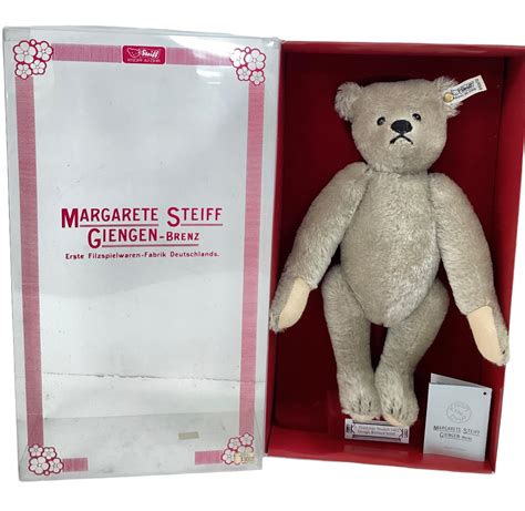 Lot Replica 1902 Richard Steiff Teddy Bear With Box 12 Grey Mohair Bear Jointed At The Neck