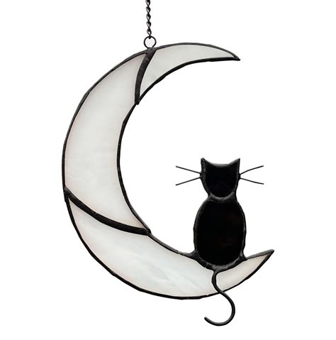 Black Cat Decor On White Moon Stained Glass Window Hanging Suncatcher For Windows