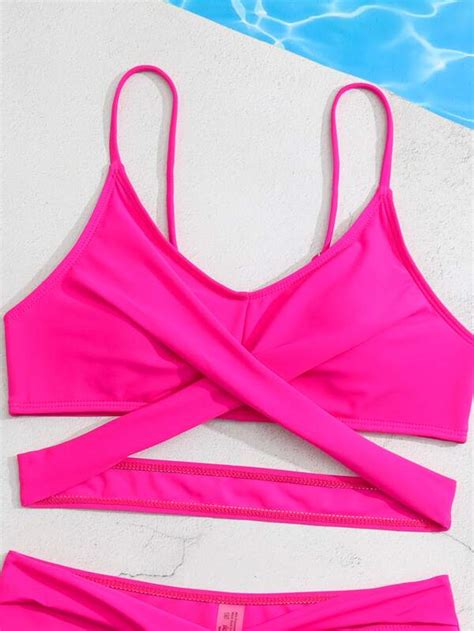 SHEIN Chicas adolescentes Bañador bikini unicolor con tira cruzada