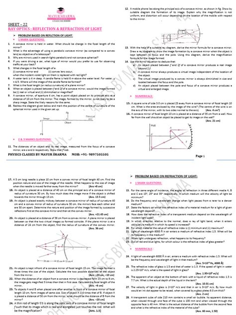 Worksheet-22 Reflection & Refraction of Light | PDF | Mirror | Glass Engineering And Science