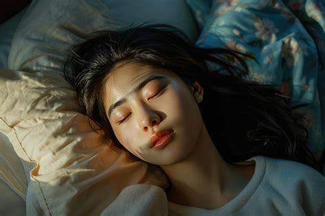 premium photo sleeping young asian woman lies  bed  eyes closed