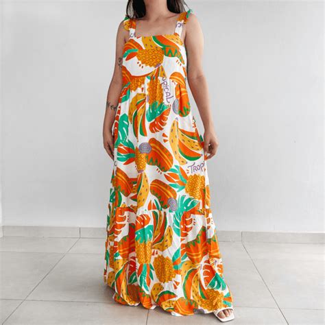 VESTIDO LONGO ALÇA ESTAMPA TROPICAL LARANJA Melhor Loja de Roupa