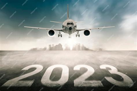 Premium Photo | 2023 number on airport runway with take off plane