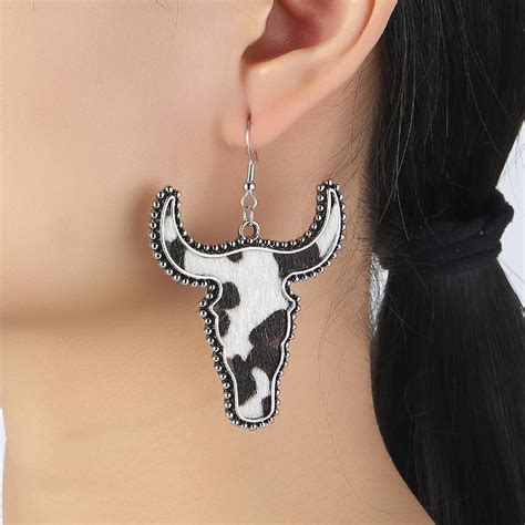 Highland Cow Cowgirl Dangle Earrings Genuine Hair On Cowhide Cow Head