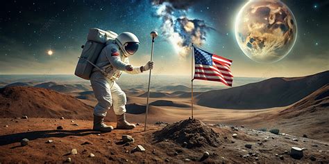 Astronaut Planting Us Flag On Alien Planet With Moon In Background