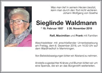 Traueranzeigen von Sieglinde Waldmann Allgäuer Zeitung