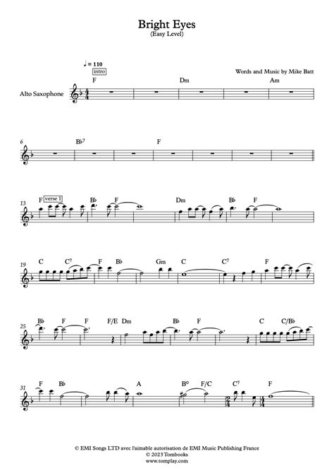 Bright Eyes Easy Level Alto Sax Art Garfunkel Saxophone Sheet Music