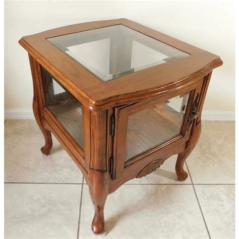 Vintage Queen Anne Solid Oak Wood And Beveled Glass Display Side End Accent Table Chairish