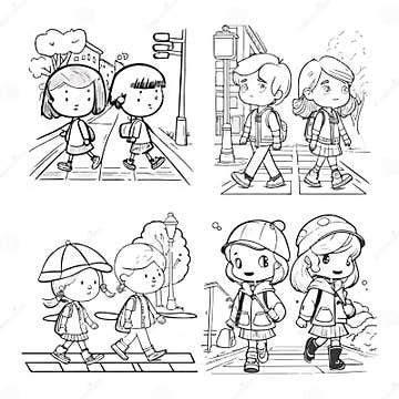 Children Walking at the Crosswalk Graphic Black White Street Sketch Illustration Vector Stock ...