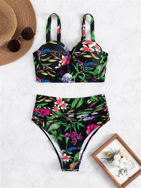 Tropical Print Ruched Push Up Bikini Swimsuit Shein Usa