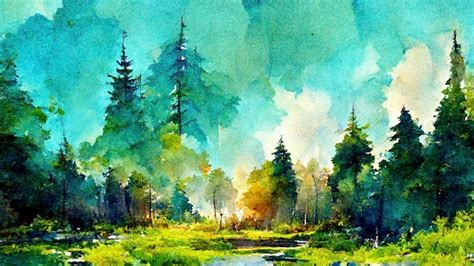 Pintura Em Aquarela De Paisagem De Floresta De Inverno Foto Premium