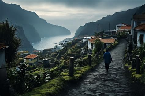 Um Homem Caminha Por Uma Estrada Estreita Em Uma Aldeia Foto Premium