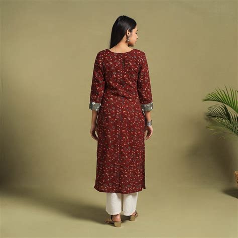 fusion mul cotton straight maroon ajrakh long kurta  women