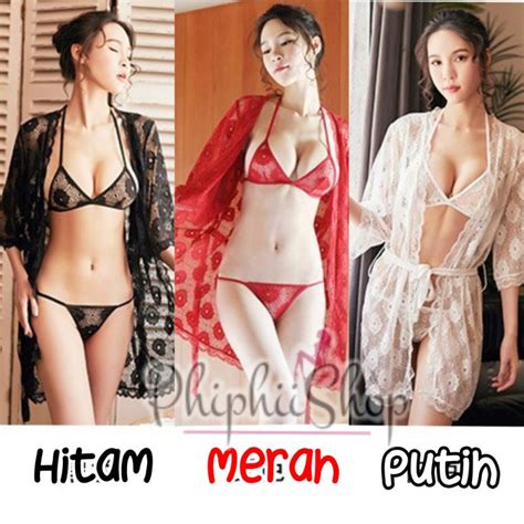 Jual PREMIUM Sexy Lingerie Big Size XL Set Bikini Kimono Bra Panty Renda Bunga Hitam Merah