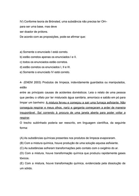 Solution Lista De ExercÍcios Teorias Ácido Base DeterminaÇÃo De