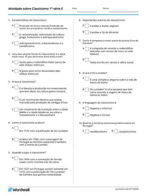 Atividade Sobre Classicismo 1º Sé Rie E Questioná Rio Pdf Classicismo