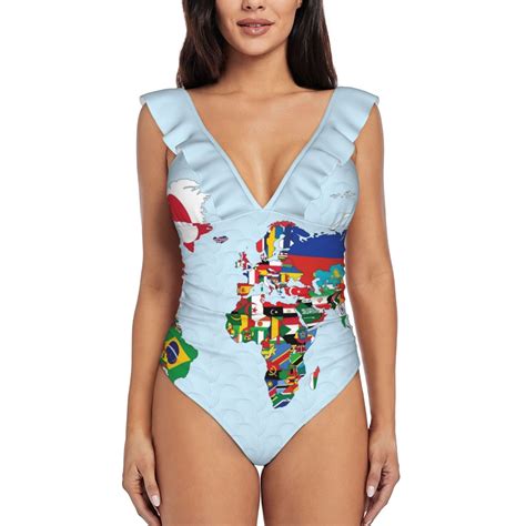 World Map Made Up Of Each Countries Flag New Print Swimwear Deep V