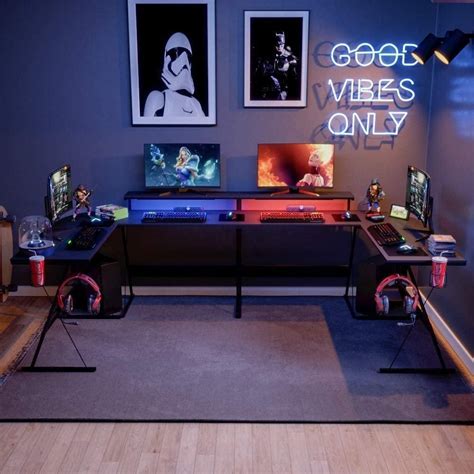 L Shaped Gaming Desk with LED Lights | Game room design, Room setup ...