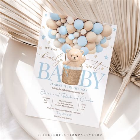 Editable Teddy Bear Hot Air Balloon Baby Shower Invitation Boy Etsy