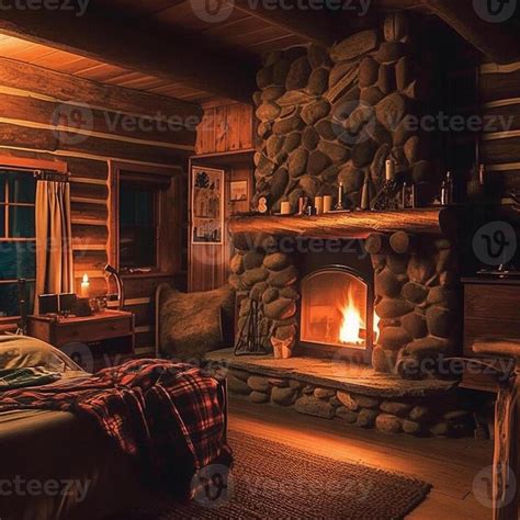 cozy cabin with a fireplace with wooden furniture 23966753 Stock Photo ...