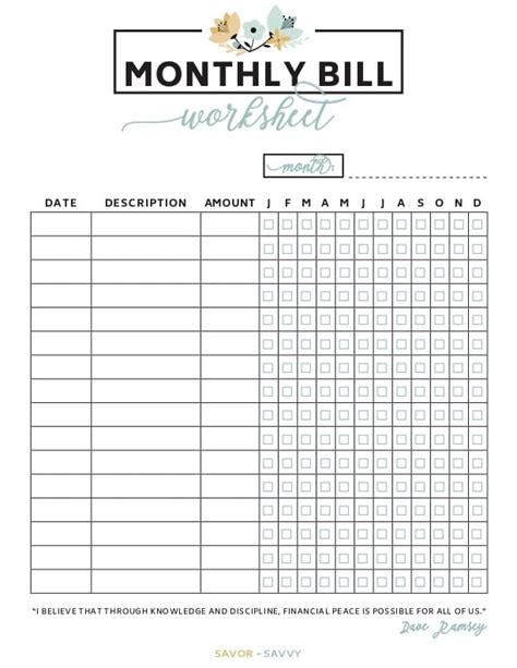 Monthly Bill Organizer Worksheet Savor Savvy Worksheets Library