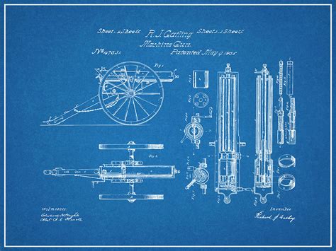 1865 Gatling Machine Gun Blueprint Patent Print Drawing by Greg Edwards - Pixels