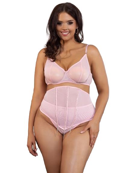 Pink Mesh Sexy Bra Set Stitching Diamond Chain Plus Curvves